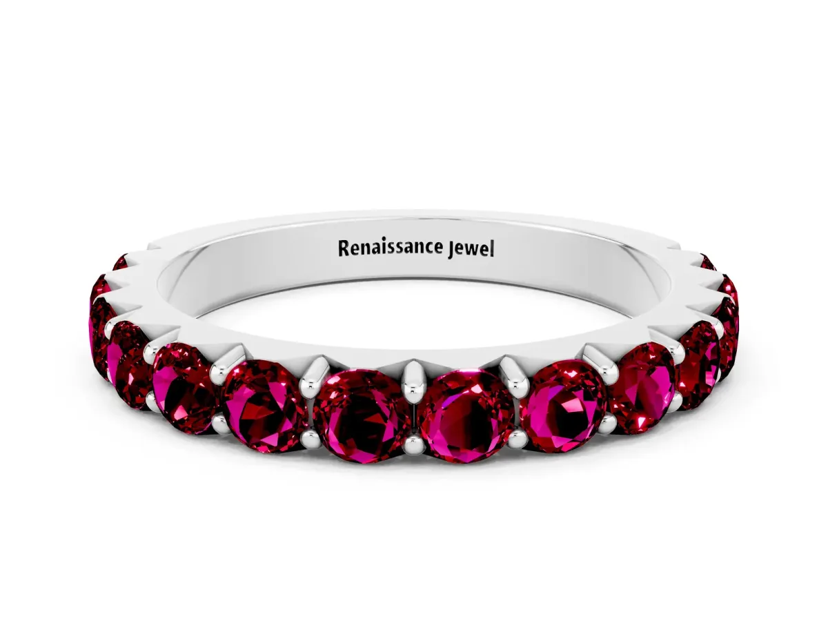 Round Garnet Half Eternity Band with Classic Prong Setting White gold