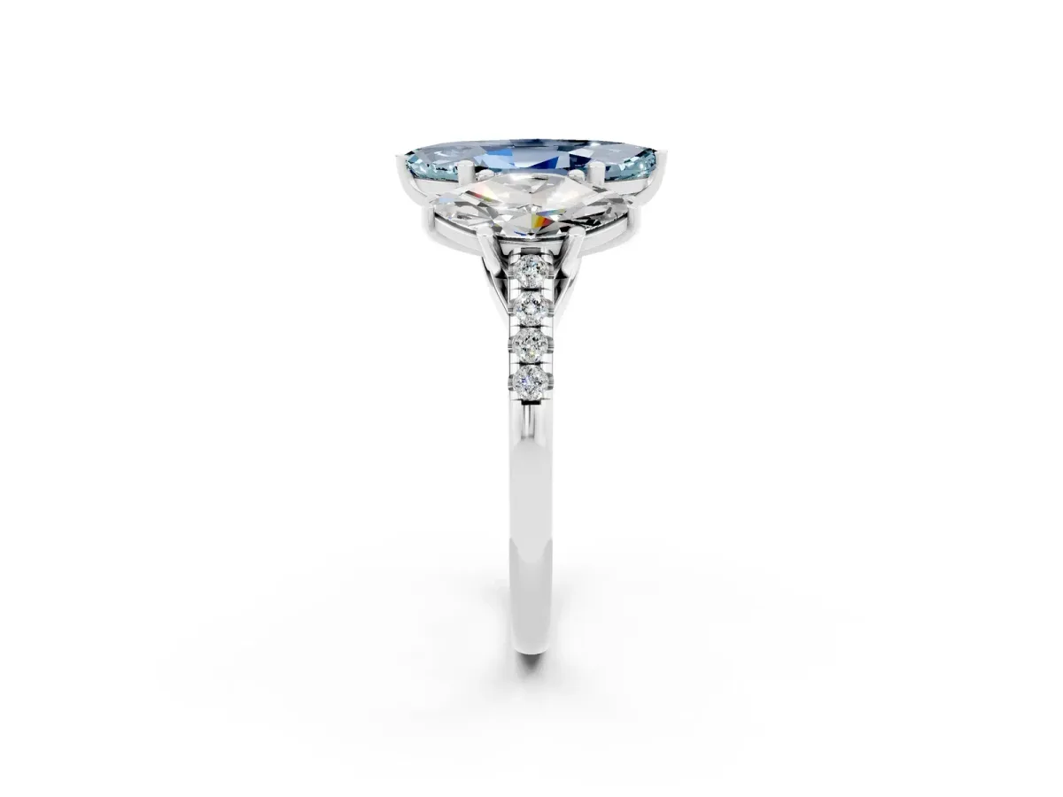 Three-Stone Marquise Cut Aquamarine Ring with Round Pavé Band and Prong Setting Silver