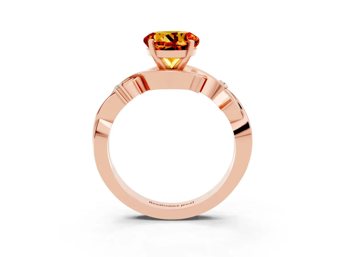 Round Cut Citrine Solitaire Ring with Twisted Band and Prong Setting Rose gold