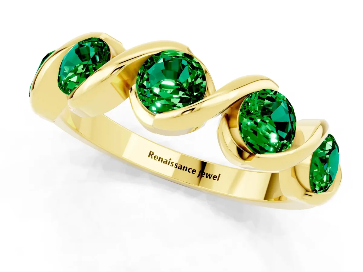 Round Emerald Wave Band with Channel Setting and Shared Prongs Yellow gold