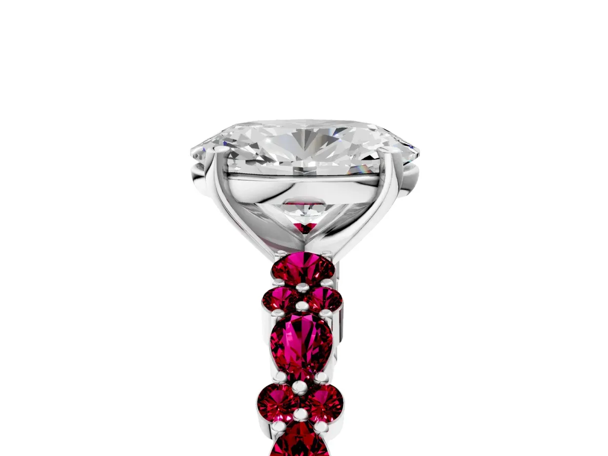 Oval Cut Diamond Side Stone Solitaire Ring with Round Garnet and Four-Prong Setting White gold