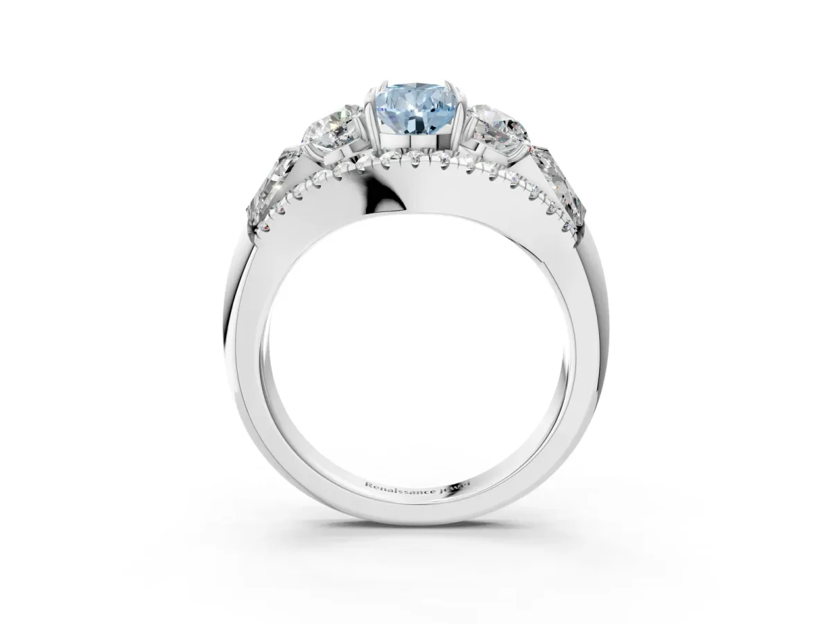 Fancy Blue Three-Stone Pear Cut Diamond Engagement Ring with Pave Band and Prong Setting Platinum