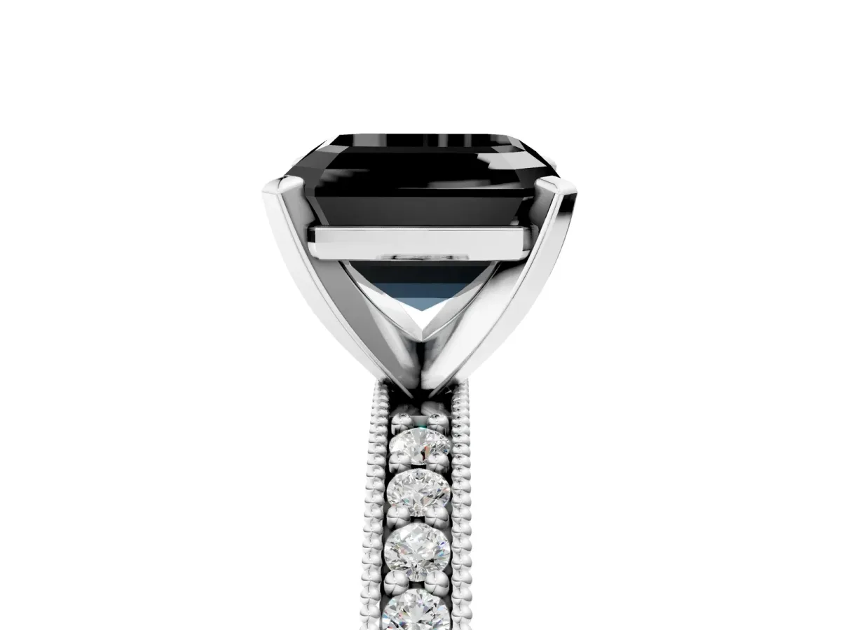 Fancy Black Asscher Cut Diamond Milgrain Pavé Engagement Ring with Four-Prong Setting Platinum