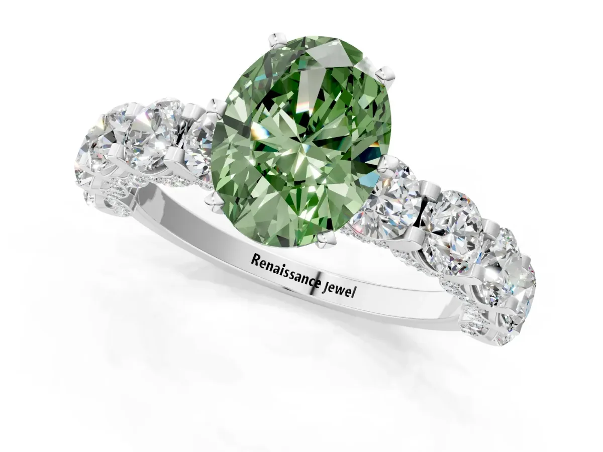 Fancy Green Oval Cut Diamond Side Stone Engagement Ring with Four-Prong Setting White gold