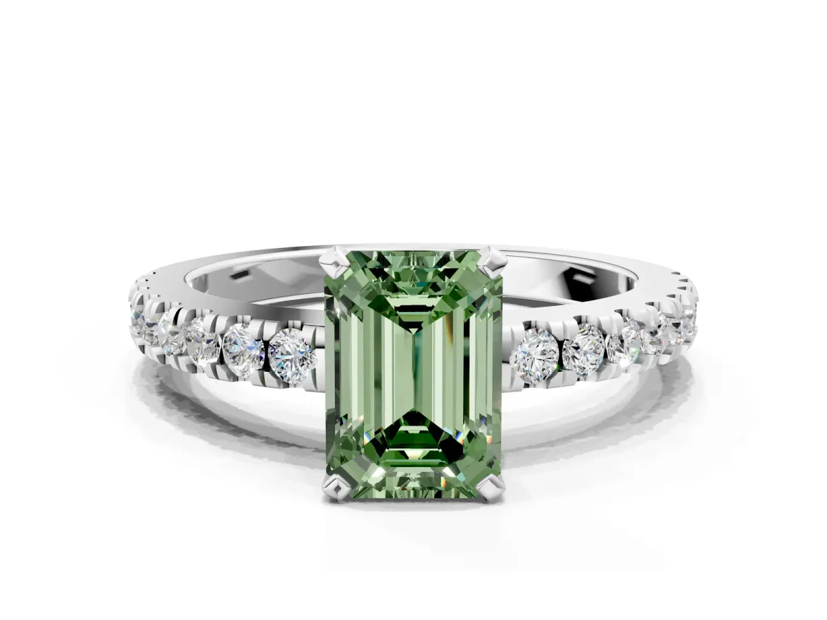 Fancy Green Emerald Cut Solitaire Diamond with Pavé Band and Four-Prong Setting Silver
