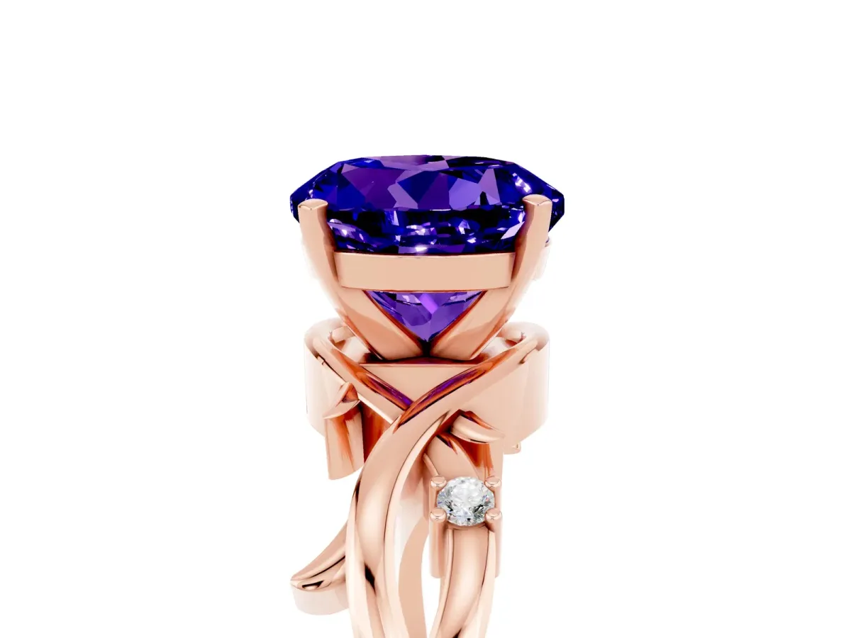 Round Cut Tanzanite Solitaire Ring with Twisted Band and Prong Setting Rose gold