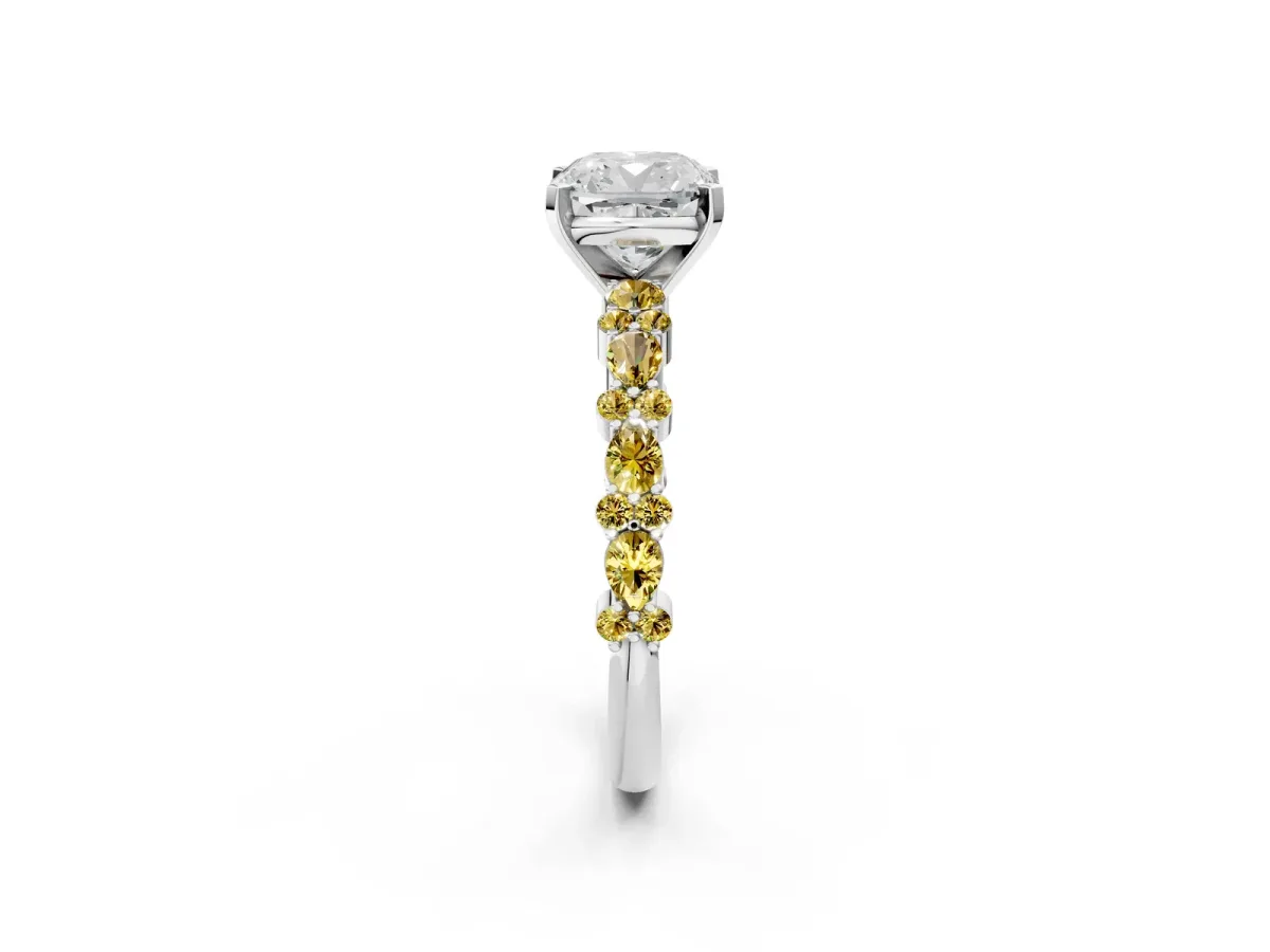Cushion Cut Diamond Side Stone Solitaire Ring with Round Yellow Sapphire and Four-Prong Setting Silver