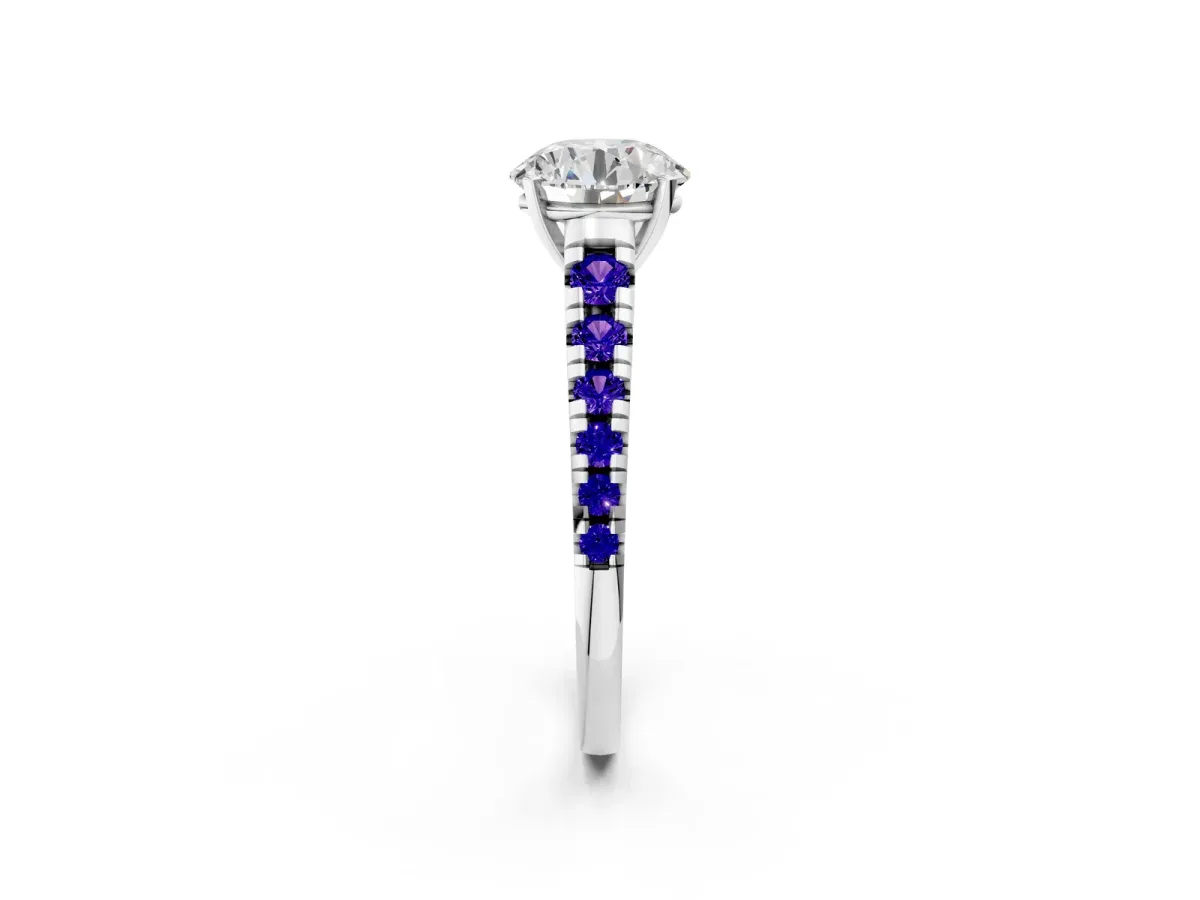 Round Cut Diamond Cathedral Solitaire Ring with Round Tanzanite Pavé Band Silver