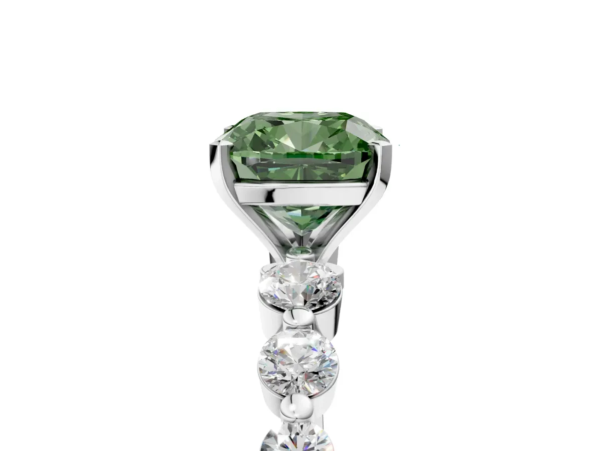 Fancy Green Cushion Cut Solitaire Diamond Ring with Pave Band and Four-Prong Setting Silver