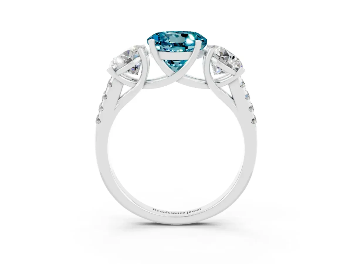 Three-Stone Round Cut Blue Topaz Ring with Round Pavé Band and Prong Setting Platinum