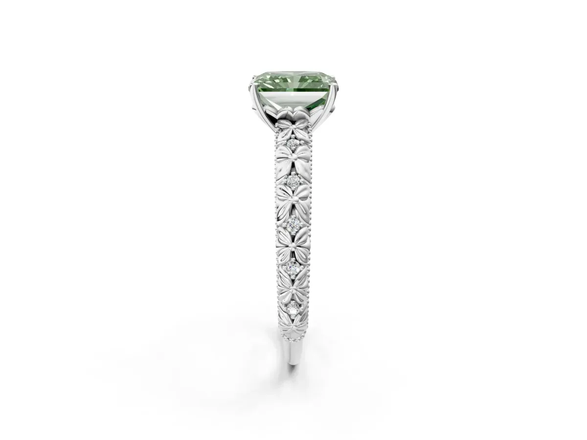 Fancy Green Radiant Cut Solitaire Floral Milgrain Engagement Ring Platinum
