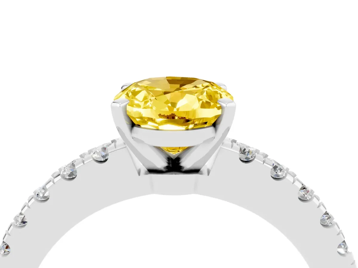 Oval Cut Solitaire Yellow Sapphire with Pavé Band and Four-Prong Setting Silver