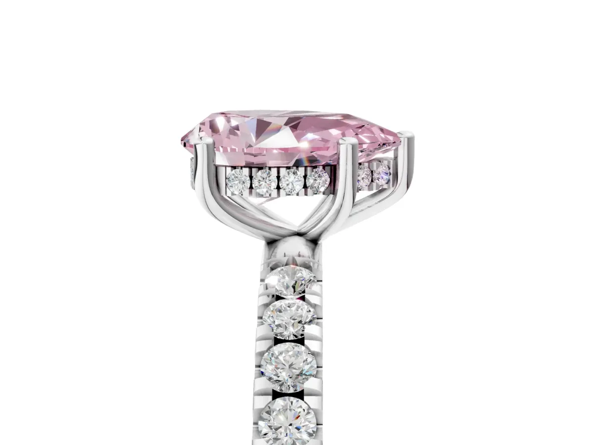 Fancy Pink Pear Cut Diamond Pave Band Solitaire Ring with Round and Prong Setting White gold