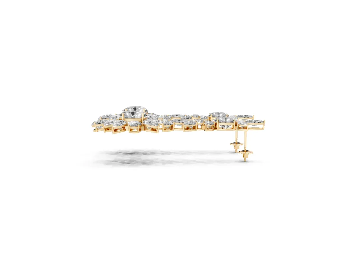 Oval, Pear, Marquise and Round Diamond Floral Cascade Drop Earrings Yellow gold