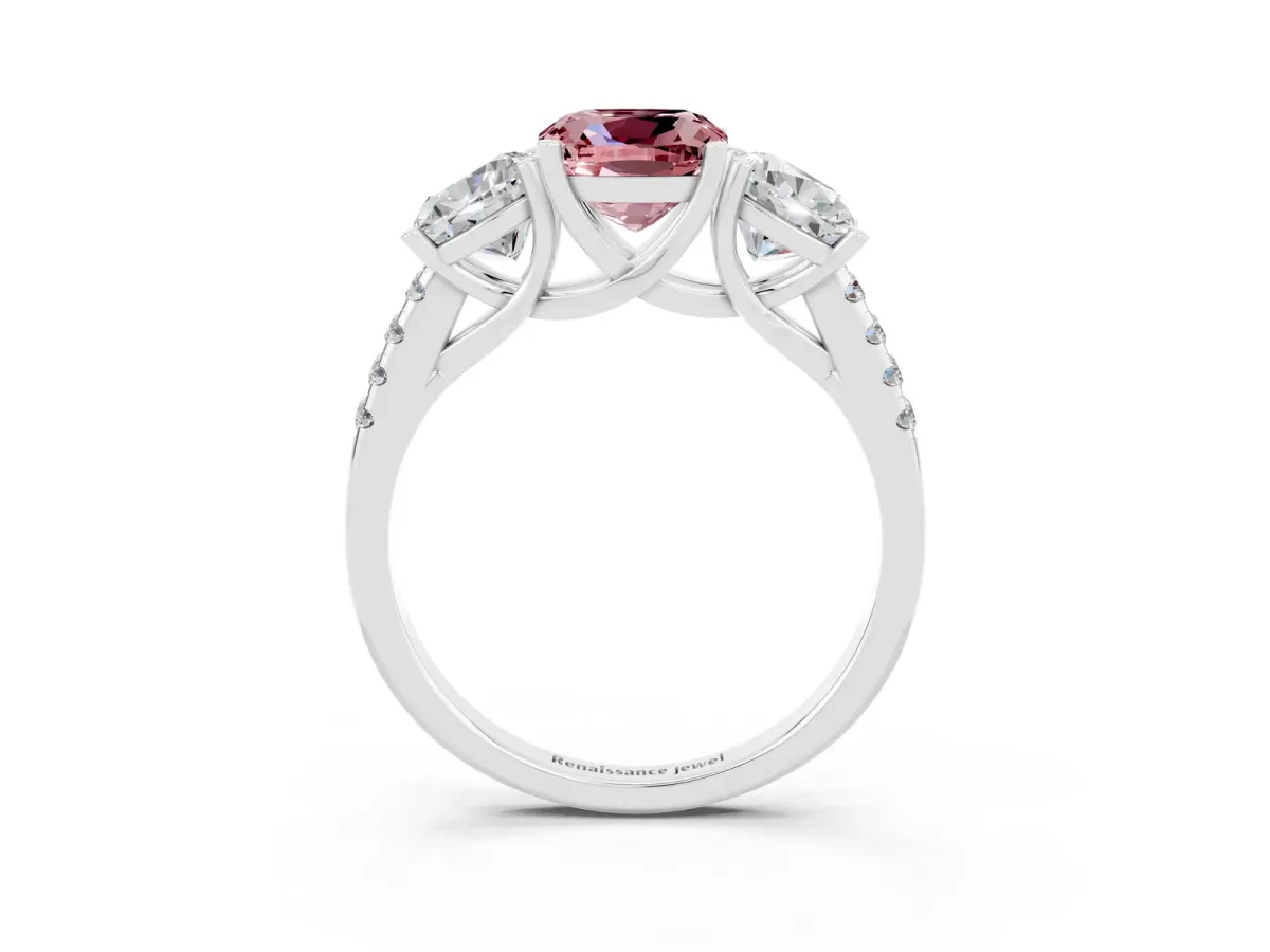 Three-Stone Cushion Cut Morganite Ring with Round Pavé Band and Prong Setting Silver