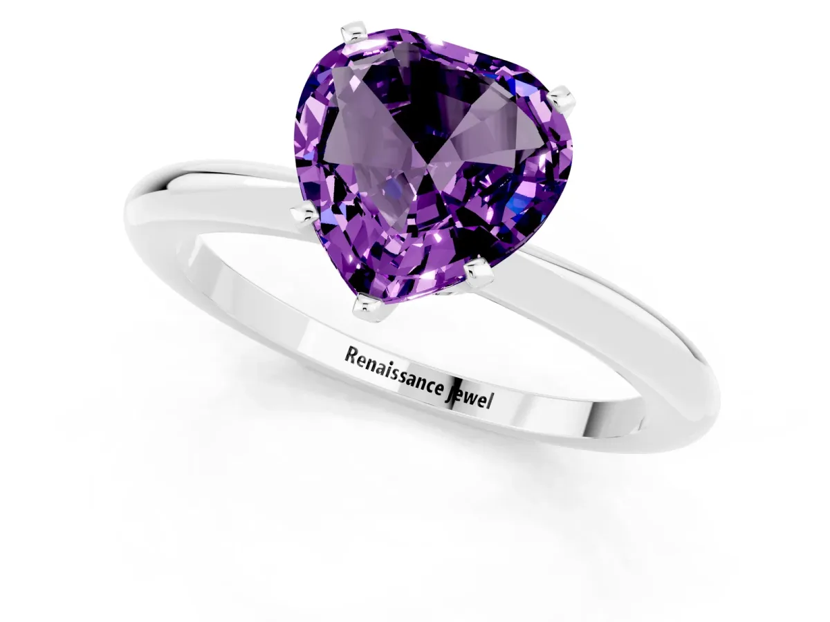 Heart Cut Amethyst Solitaire Ring with Six-Prong Setting and Classic Band Silver