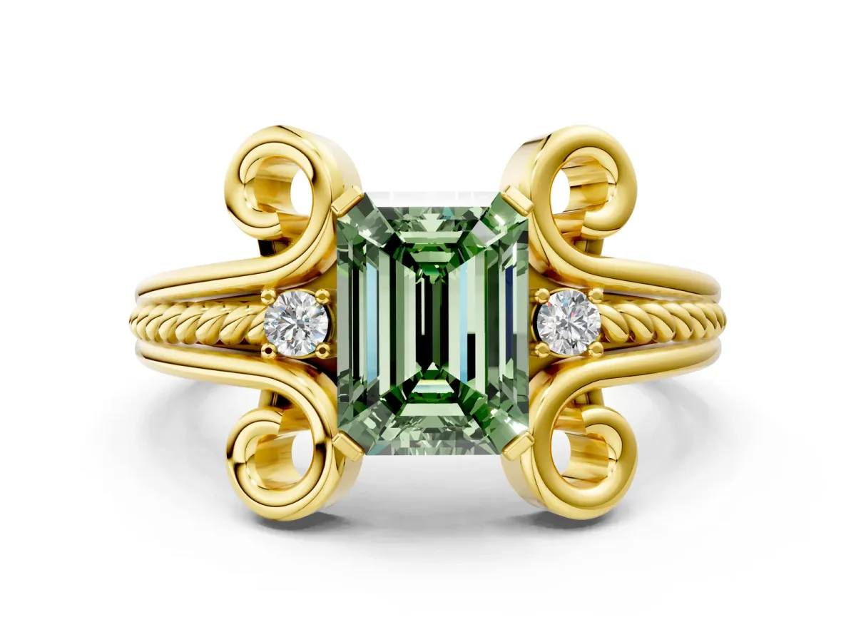 Fancy Green Emerald Cut Solitaire Twisted Band Scroll Prong Ring Yellow gold