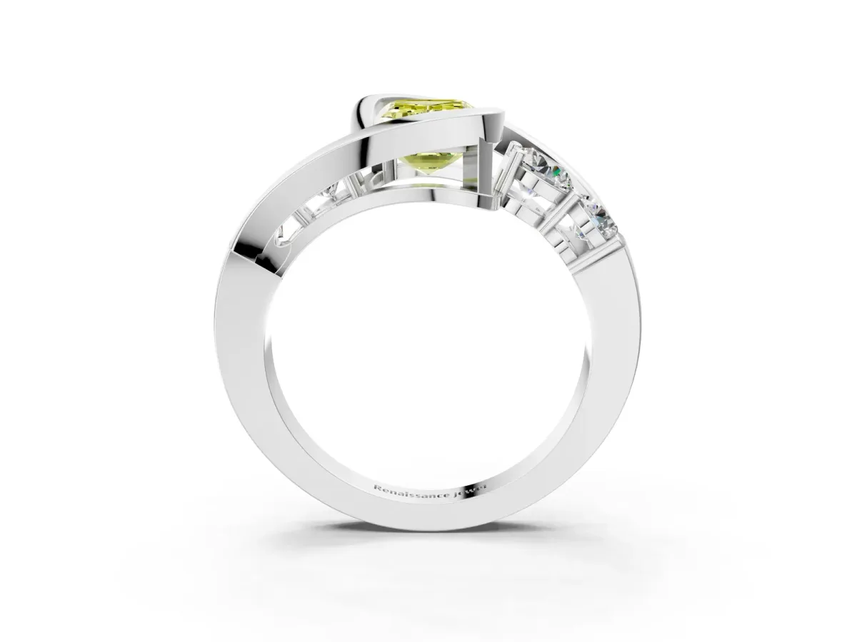 Fancy Yellow Bezel Set Emerald Cut Diamond Bypass Ring with Round Accents Platinum