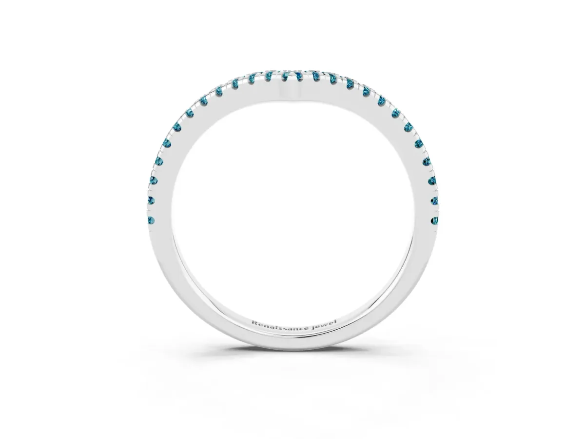 Pavé Round Blue Topaz V-Shaped Chevron Band with Shared Prong Setting White gold