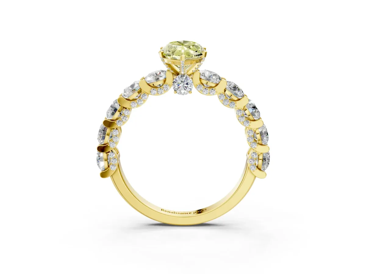 Fancy Yellow Marquise Cut Diamond Side Stone Engagement Ring with Four-Prong Setting Yellow gold