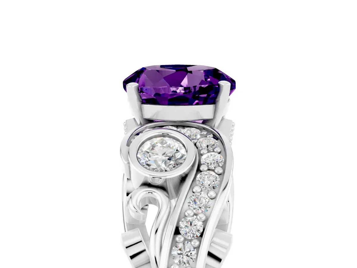 Round Cut Amethyst Solitaire Ring with Milgrain Pavé Band and Four-Prong Setting Silver