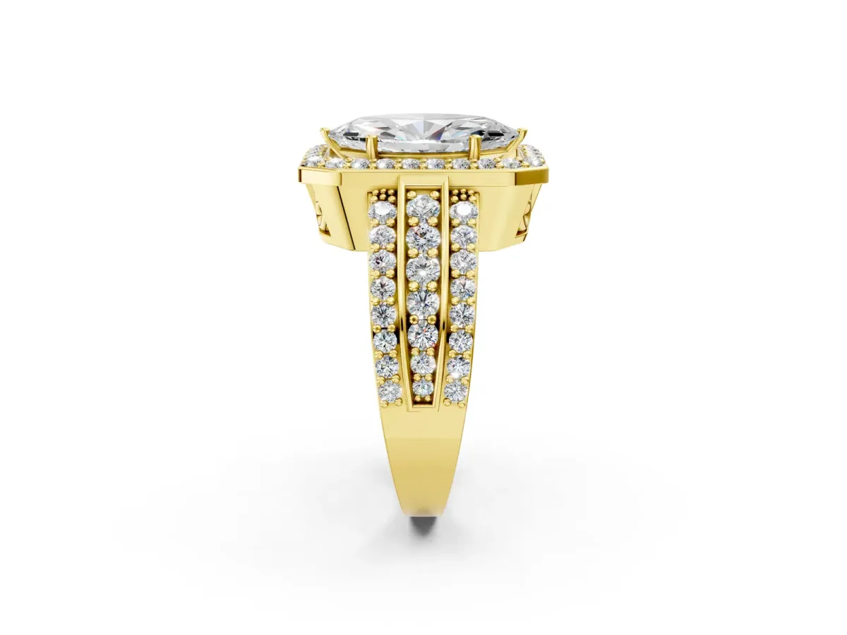 Marquise Cut Halo Diamond Ring with Round Split Shank and Prong Setting Yellow gold