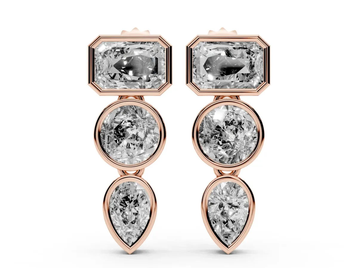 Emerald, Round and Pear Diamond Bezel Drop Earrings Rose gold