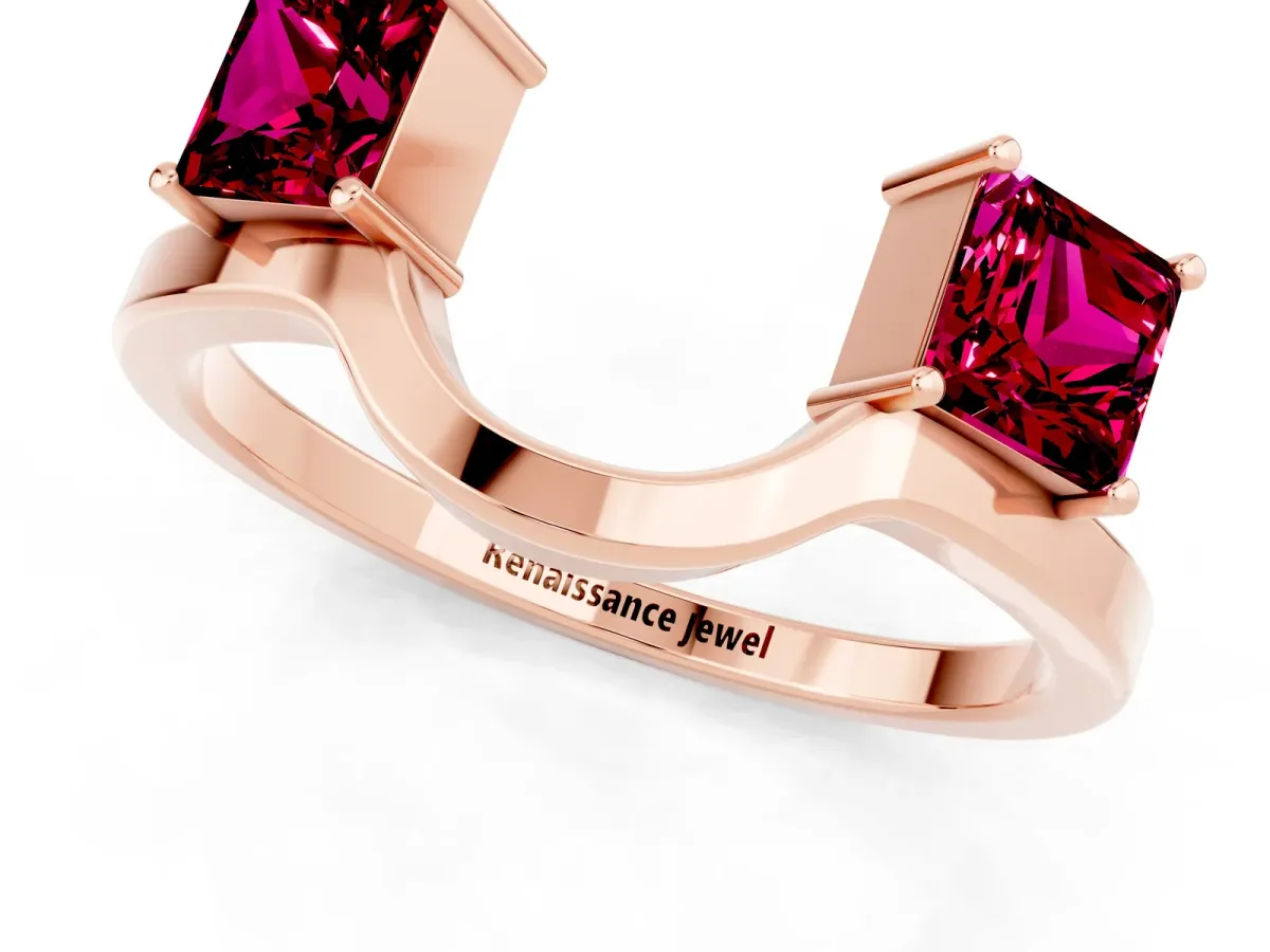 Princess Cut Garnet Two-Stone Open Band Ring with Four-Prong Setting Rose gold