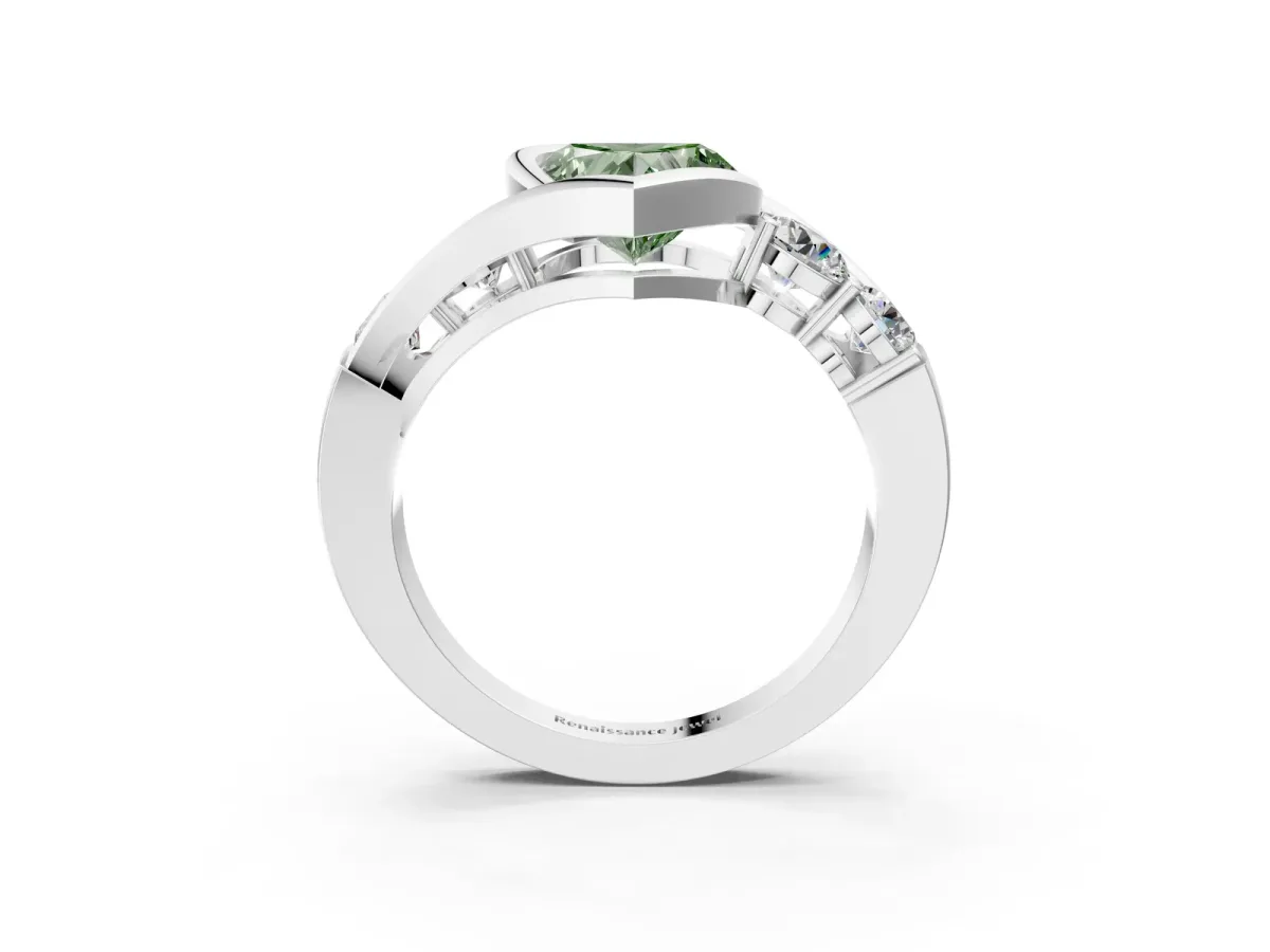 Fancy Green Bezel Set Heart Cut Diamond Bypass Ring with Round Accents Silver