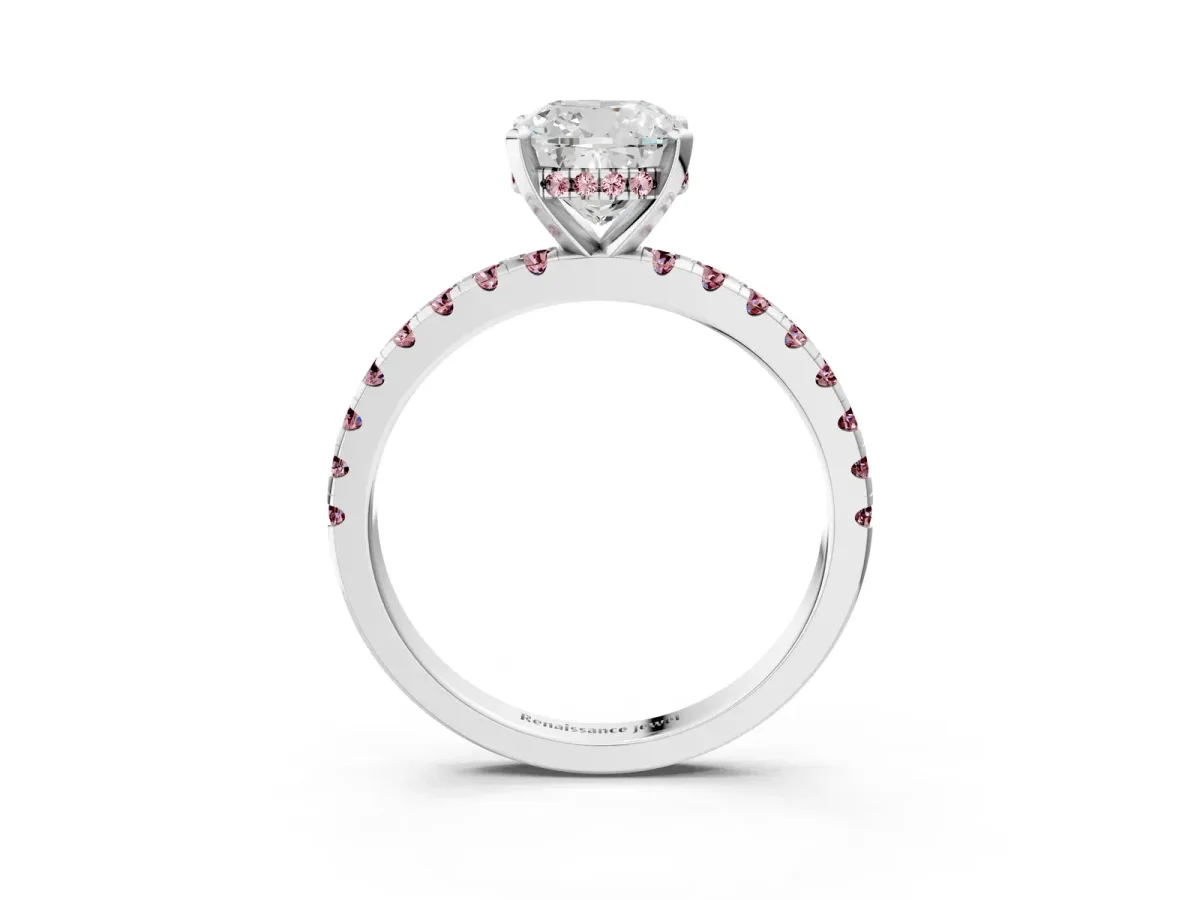 Cushion Cut Diamond Solitaire Ring with Round Morganite Pavé Band and Four-Prong Setting Silver