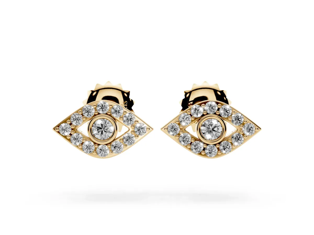 Round Diamond Bezel Center Evil Eye Stud Earrings Yellow gold
