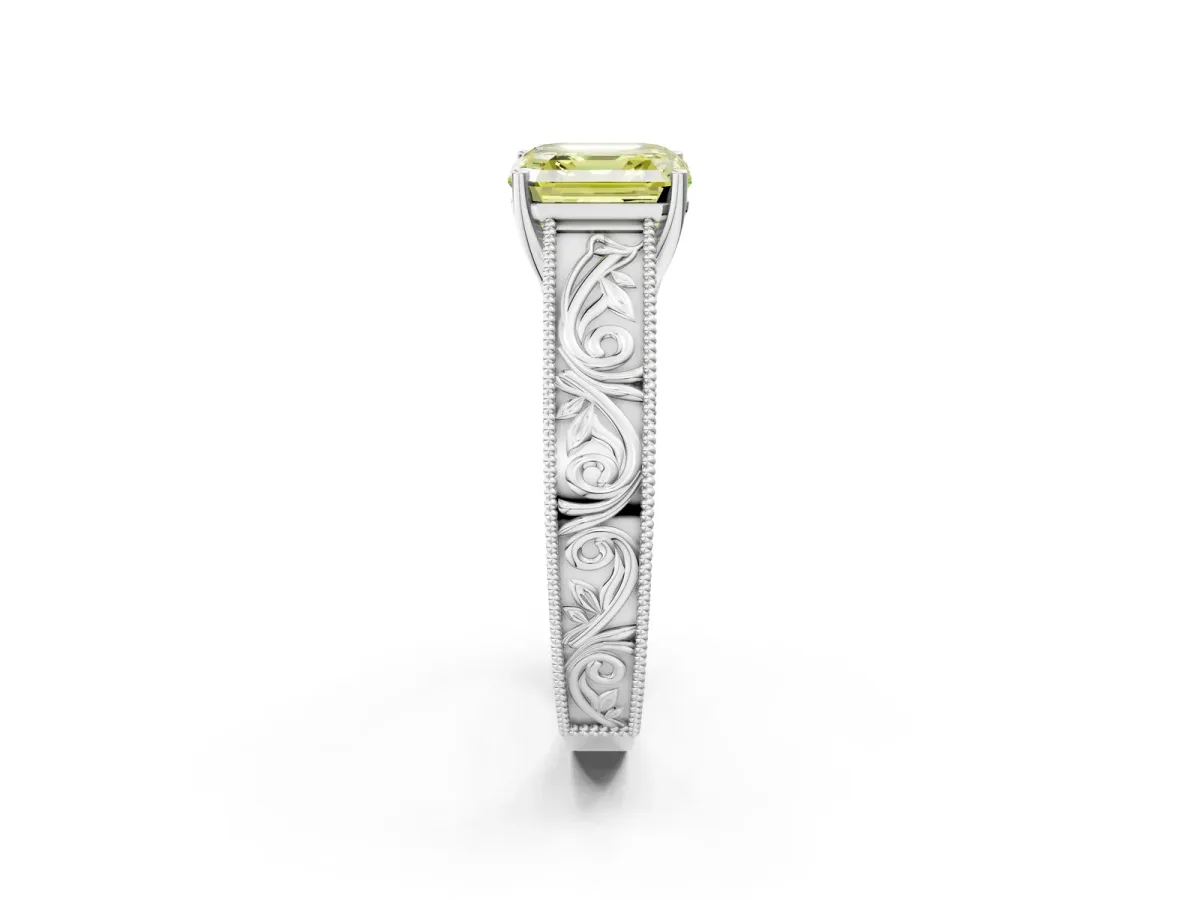 Fancy Yellow Asscher Cut Diamond Solitaire Ring with Engraved Band and Four-Prong Setting Platinum