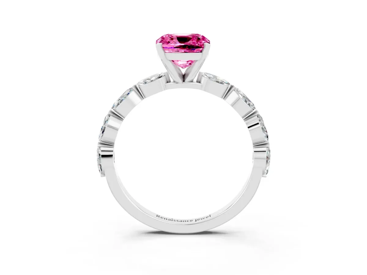 Cushion Cut Pink Sapphire Ring with Marquise Side Stones and Prong Setting Platinum