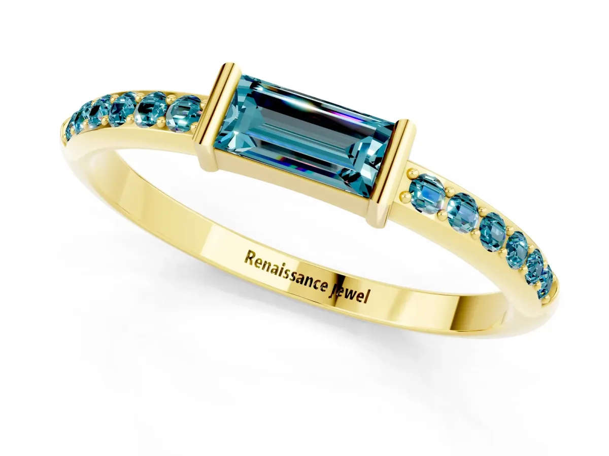 Baguette Blue Topaz Pavé Band with Bar Setting Yellow gold