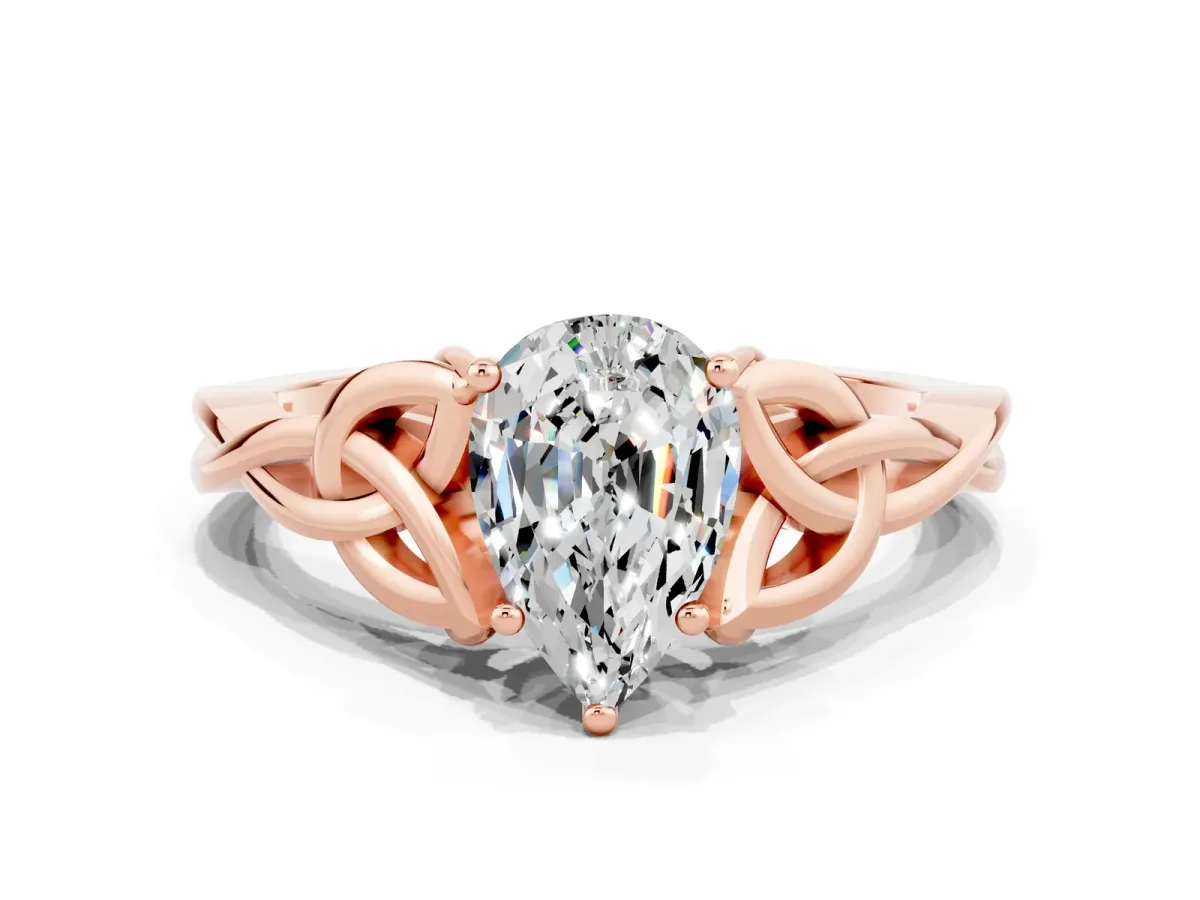 Pear Cut Moissanite Solitaire Celtic Knot Ring with Four-Prong Setting Rose gold