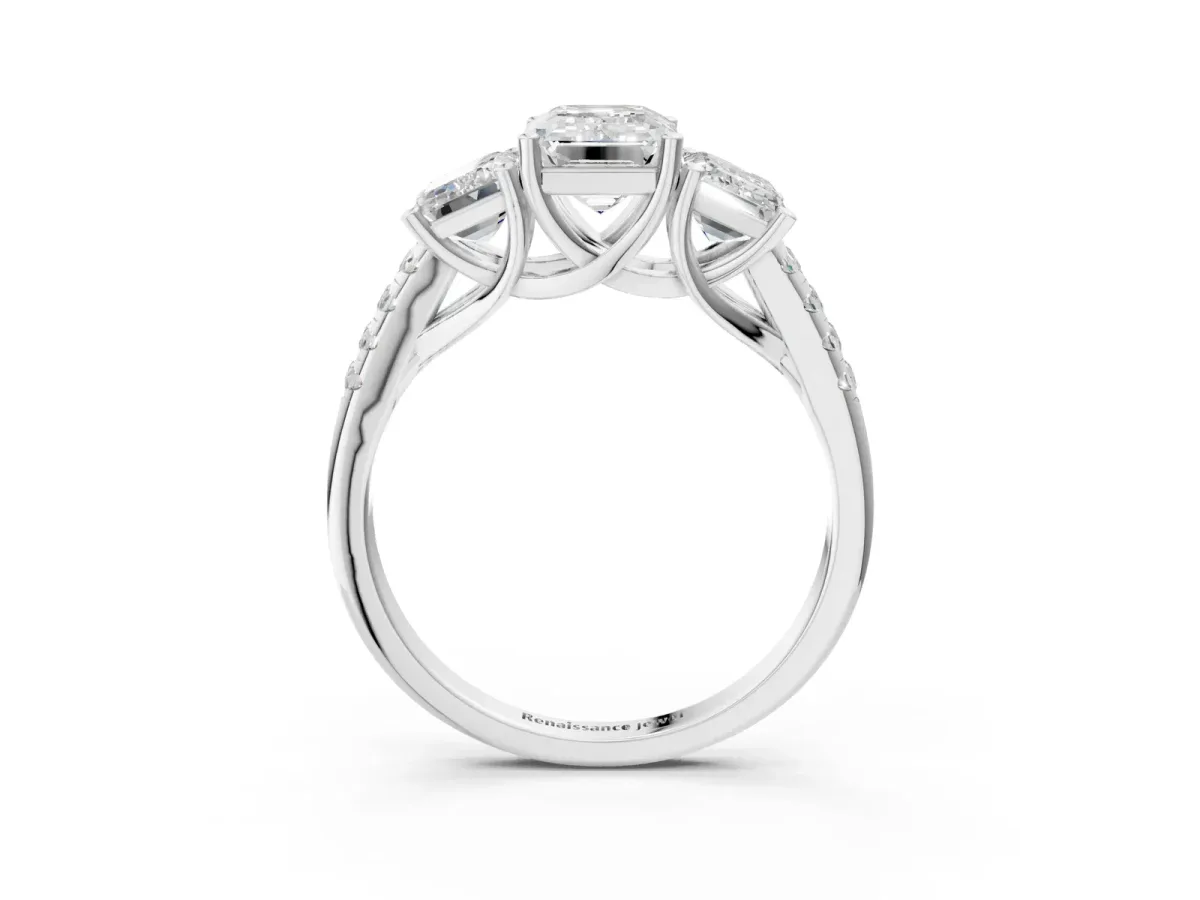 Three-Stone Emerald Cut Diamond Ring with Round Moissanite Pavé Band and Prong Setting Silver