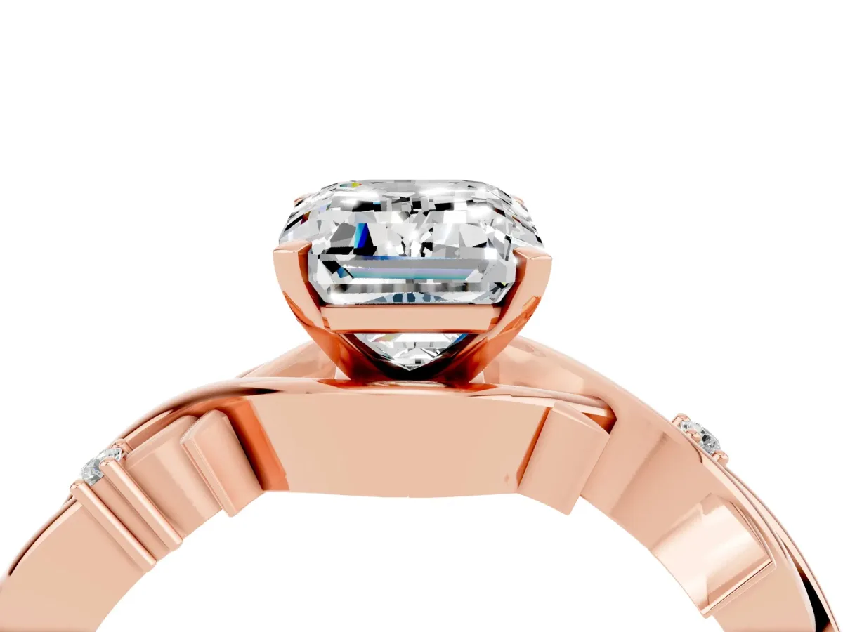 Emerald Cut Moissanite Solitaire Ring with Twisted Band and Prong Setting Rose gold