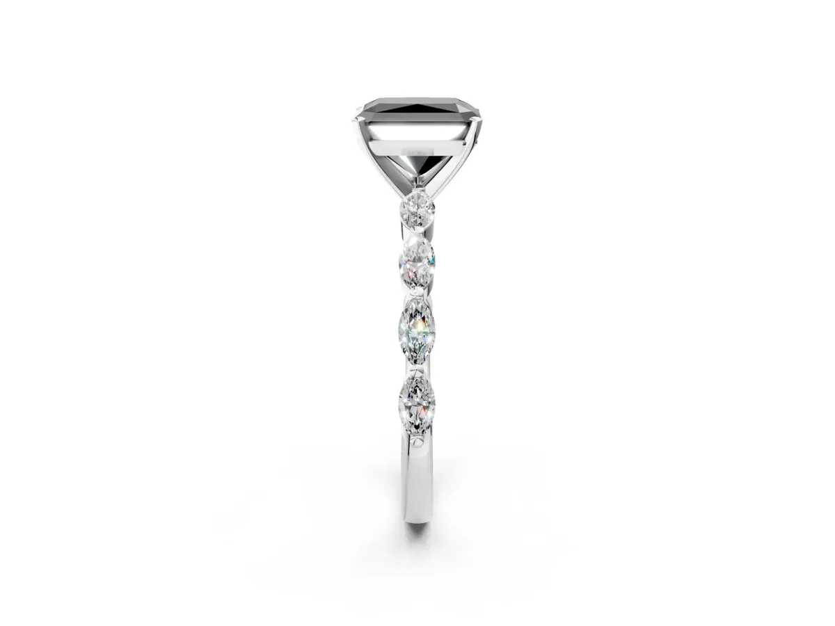 Fancy Black Radiant Cut Diamond Ring with Marquise Side Stones and Prong Setting Platinum