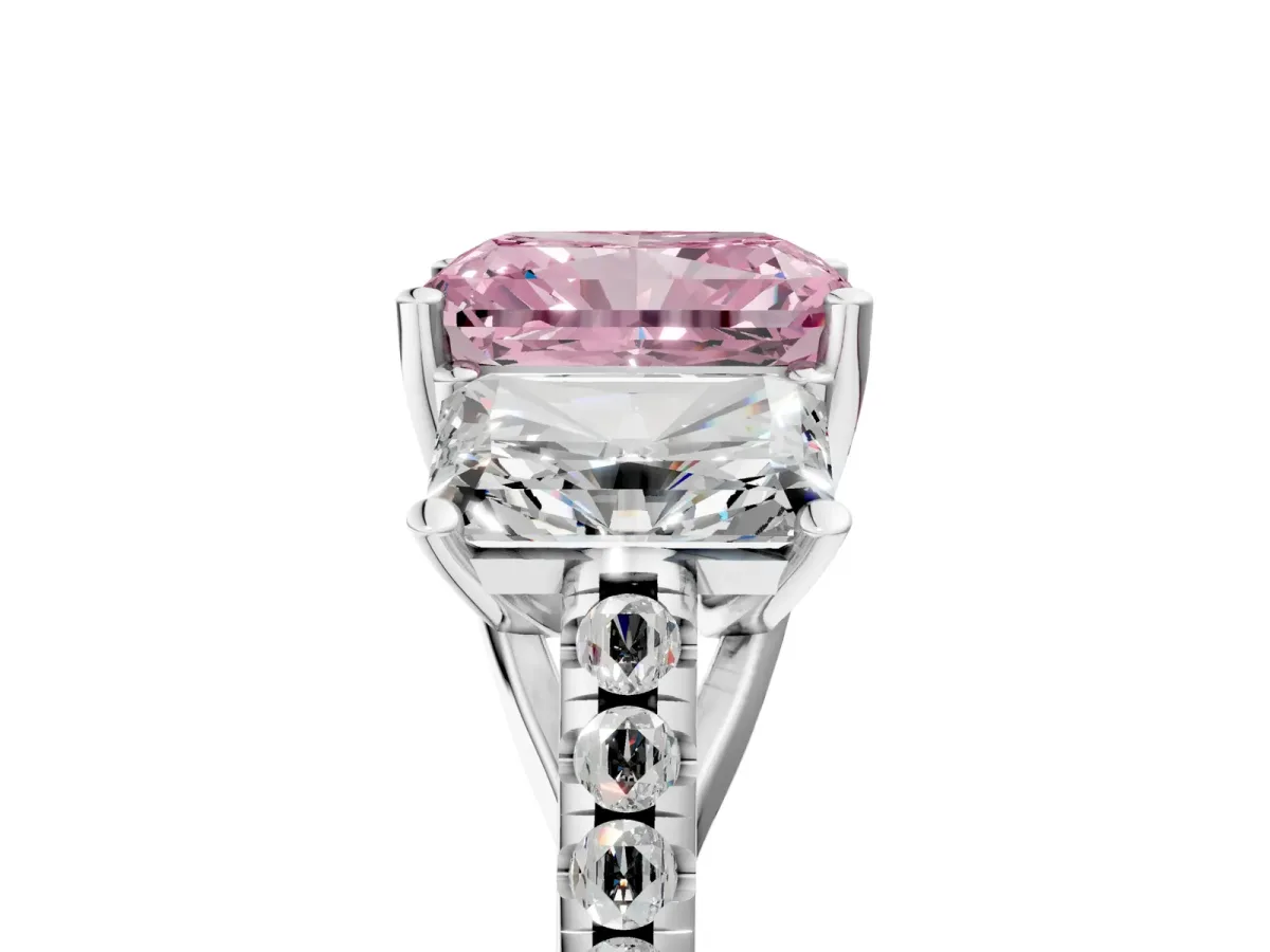 Fancy Pink Three-Stone Radiant Cut Diamond Ring with Round Pavé Band and Prong Setting Silver