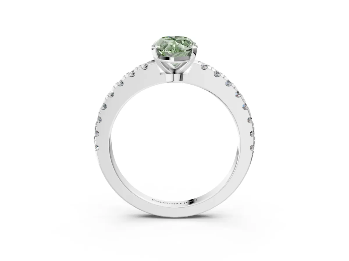 Fancy Green Marquise Cut Solitaire Diamond with Pavé Band and Four-Prong Setting Silver