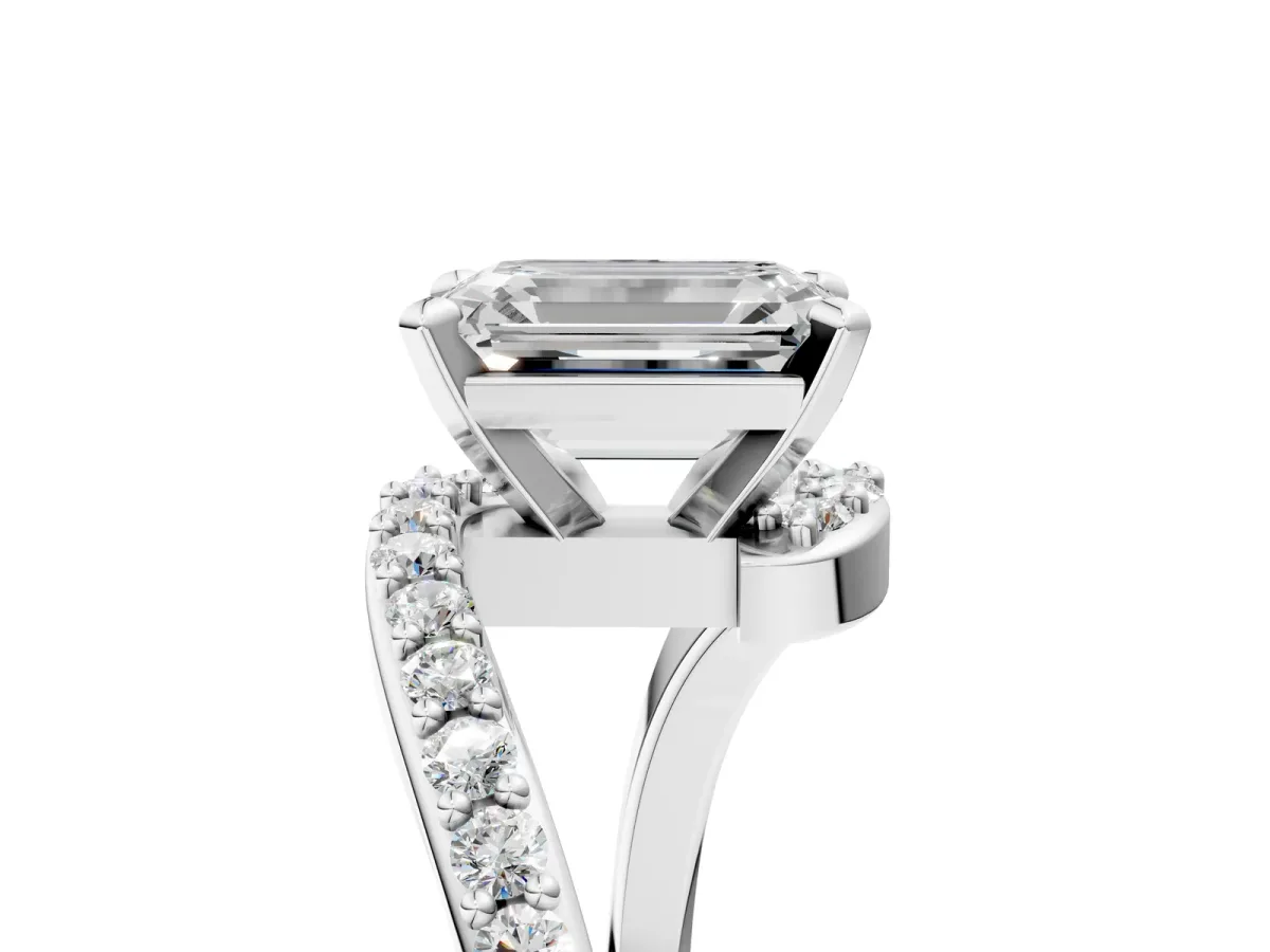 Emerald Cut Solitaire Twist Band with Pave Set Diamonds and Four-Prong Setting Platinum