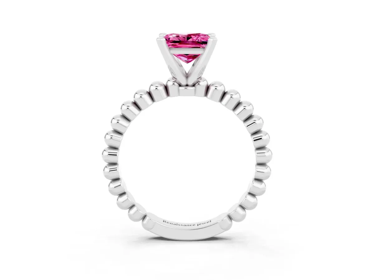 Princess Cut Pink Sapphire Solitaire Ring with Beaded Band and Prong Setting Silver