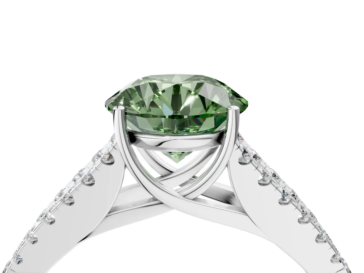 Fancy Green Round Cut Diamond Split Shank Engagement Ring with Round Pavé and Prong Setting Platinum