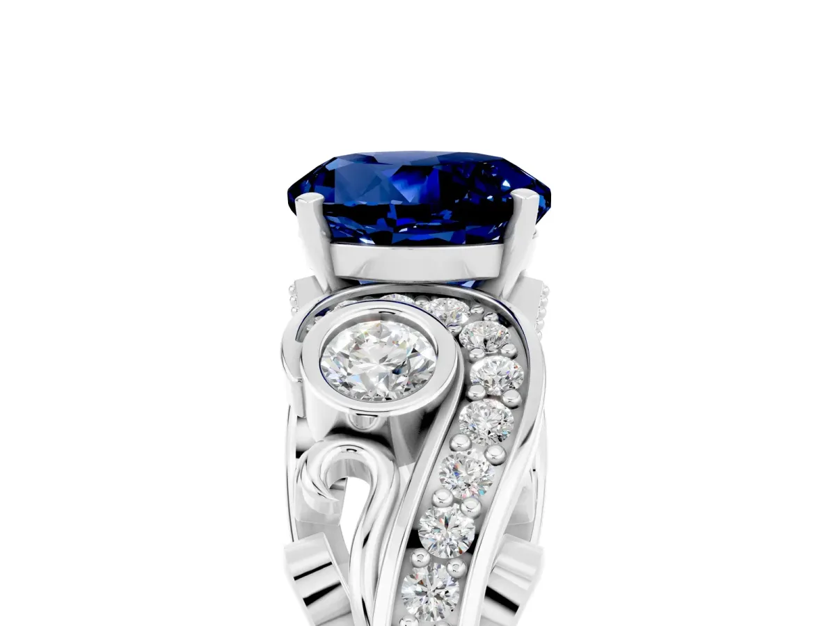 Round Cut Blue Sapphire Solitaire Ring with Milgrain Pavé Band and Four-Prong Setting Silver