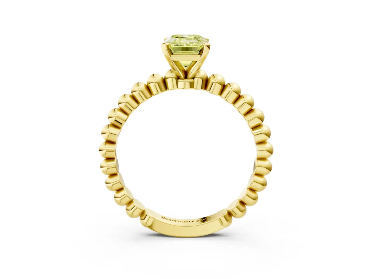 Fancy Yellow Emerald Cut Diamond Solitaire Ring with Beaded Band and Prong Setting Yellow gold