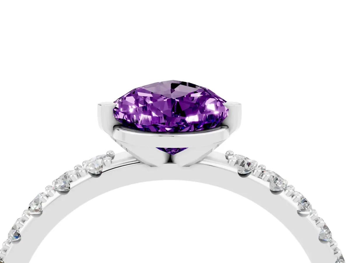 Pear Cut Amethyst Solitaire Pavé Band with Four-Prong Setting Silver