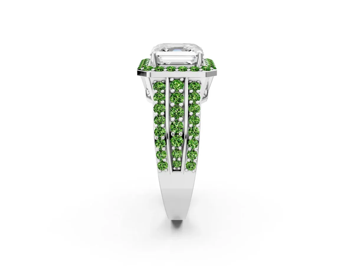 Asscher Cut Halo Diamond Ring with Round Peridot Split Shank and Prong Setting Platinum