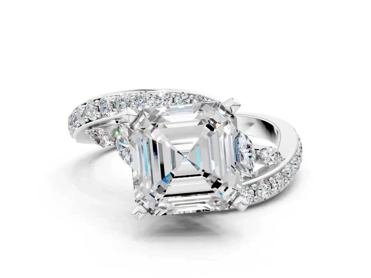 Asscher Cut Solitaire with Pavé Twist Band and Four-Prong Setting Platinum