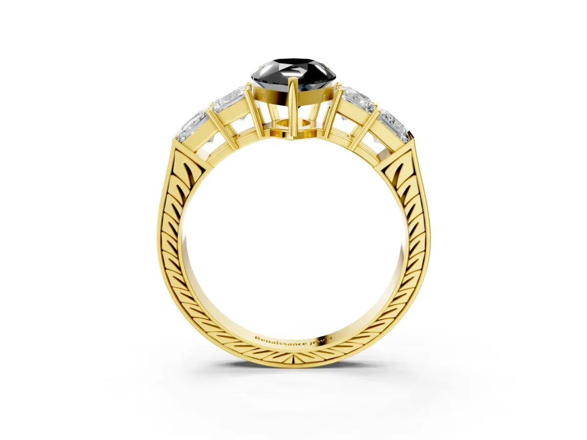 Fancy Black Pear Cut Solitaire Princess Side Stone Engraved Band Prong Setting Ring Yellow gold