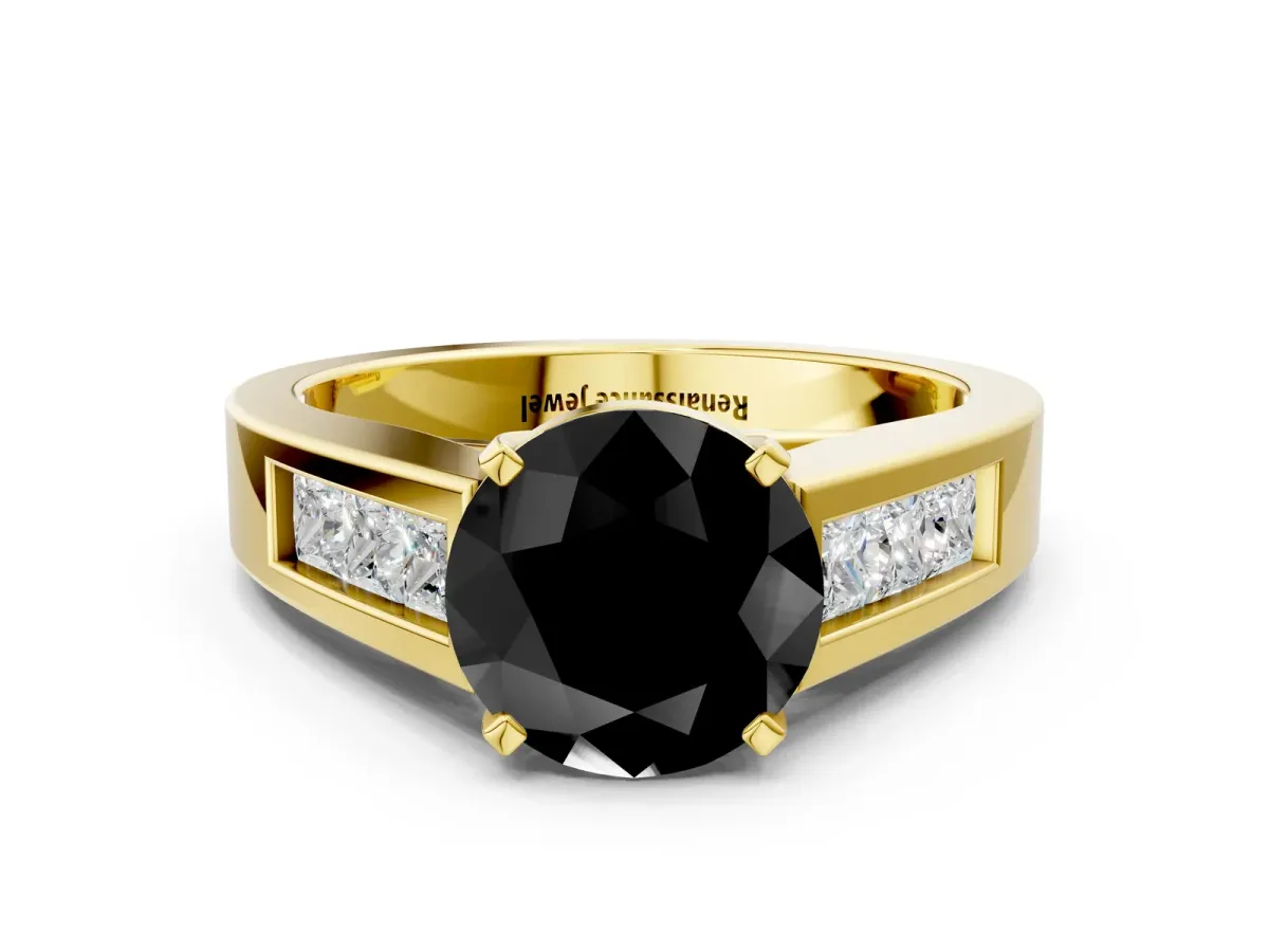 Fancy Black Round Cut Cut Channel Set Solitaire Ring with Four-Prong Setting Yellow gold